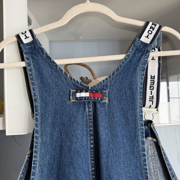 Vintage 90s Tommy Hilfiger Denim Overalls Loose Spellout Hip Hop XL Baggy - Picture 12 of 13